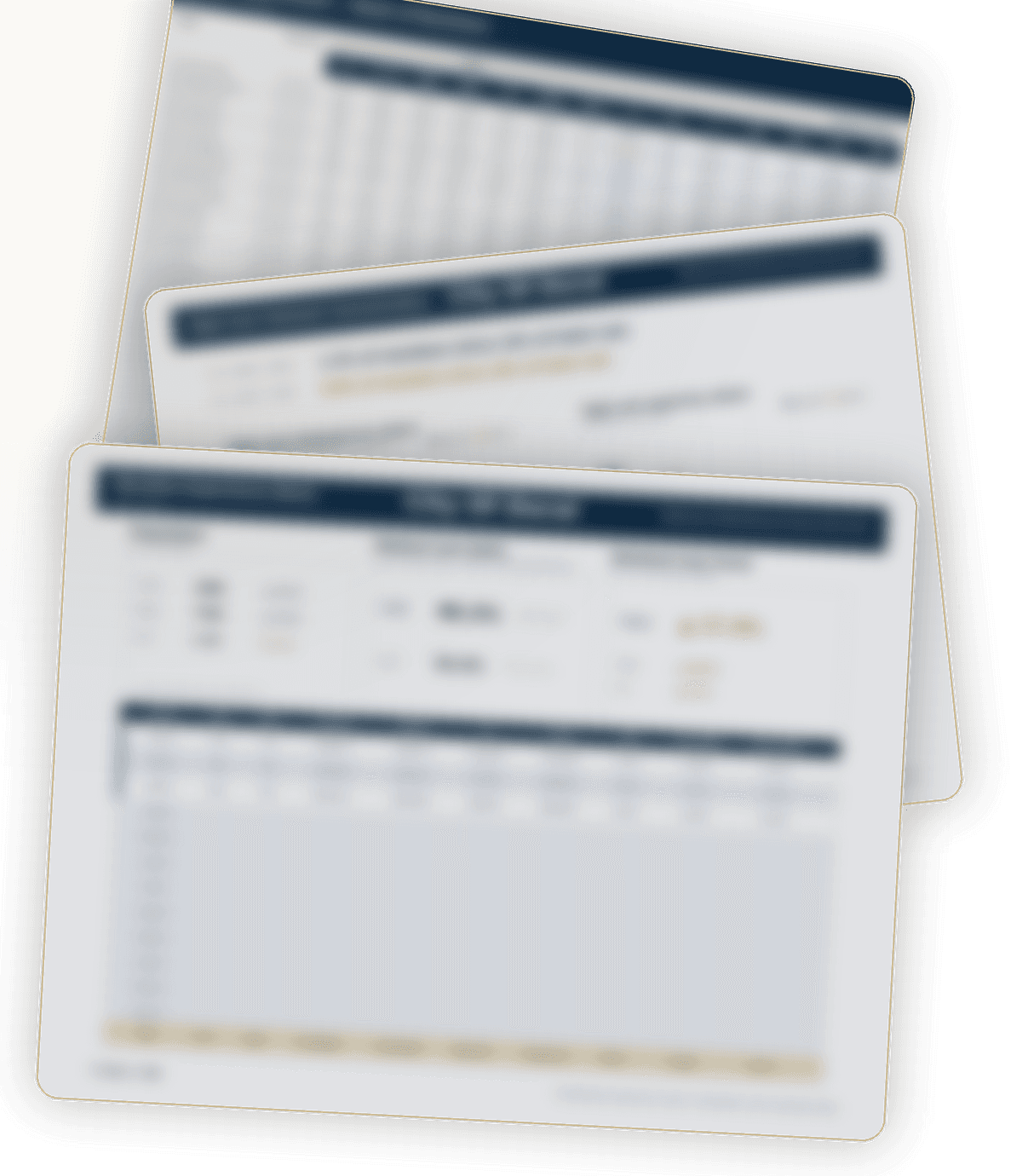 Blurred healthcare insurance analytics reports showing claims experience trends, benchmark tables, and finance-ready reporting layouts.